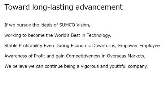 Toward long-lasting advancement If we pursue the ideals of the SUMCO Vision,working to become the World’s Best in Technology,Stable Profitability Even During Economic Downturns, Empower EmployeeAwareness of Profit and gain Competitiveness in Overseas Markets,we believe we can continue being a vigorous and youthful company.