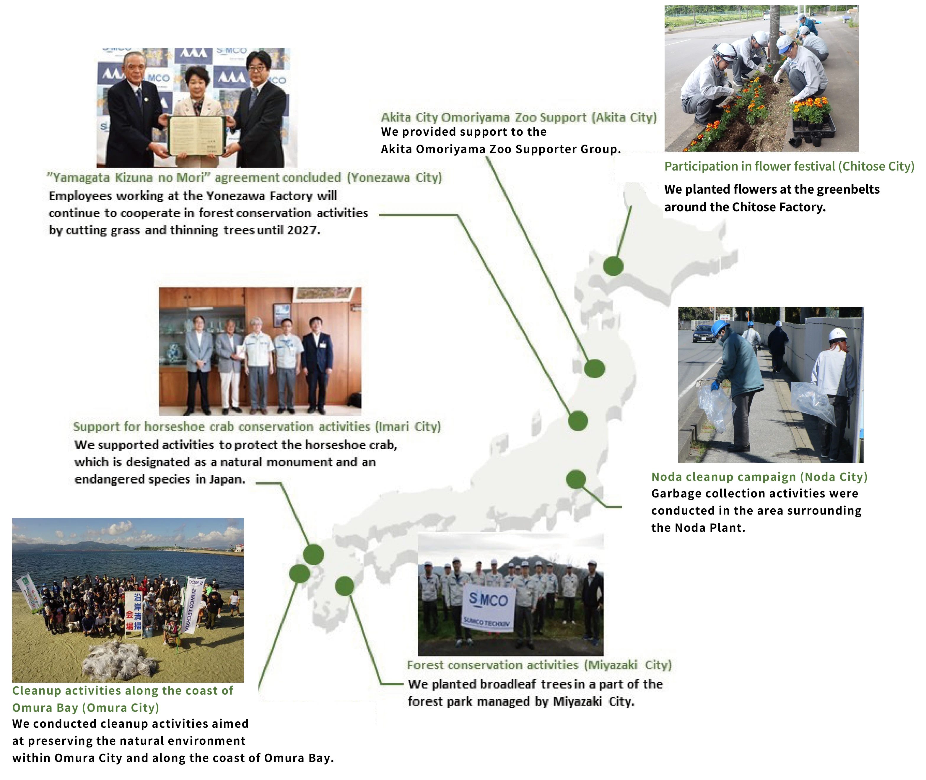  Map showing seven biodiversity conservation activity sites of the SUMCO Group across Japan. It introduces specific activities at each location with accompanying photographs.