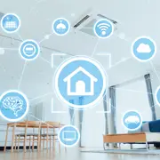 An illustration of a smart home IoT network. An example of semiconductor devices made from silicon wafers used in IoT devices