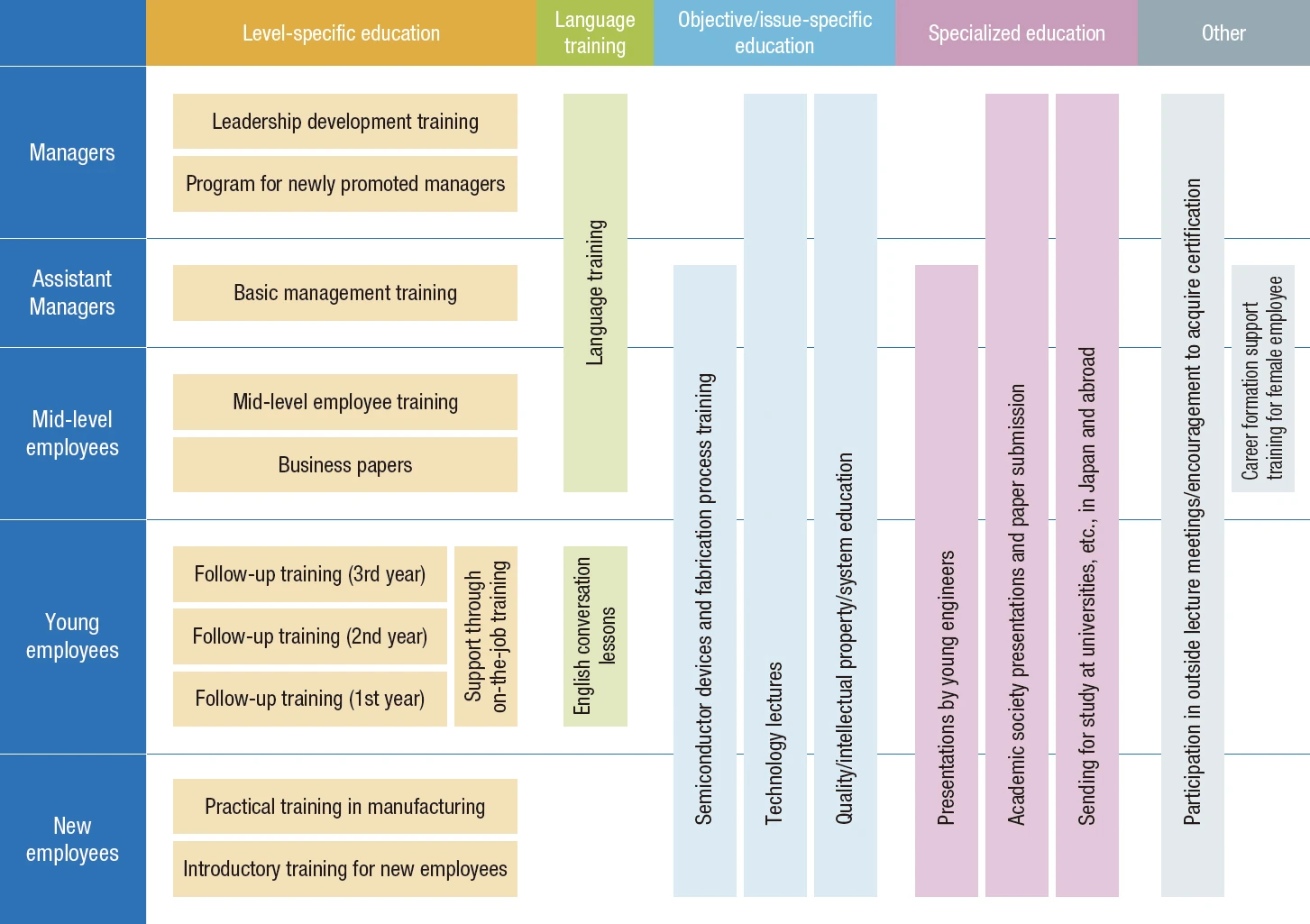 Matrix chart showing training programs for five career levels: New Employees, Young Employees, Mid-career Employees, Assistant Managers, and Managers. The programs include level-specific training, language skills, technical skills, and specialized education.