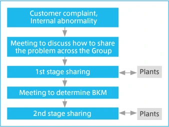 Process flow diagram: From complaint handling and anomaly response to analysis, BKM development, and horizontal deployment across factories.